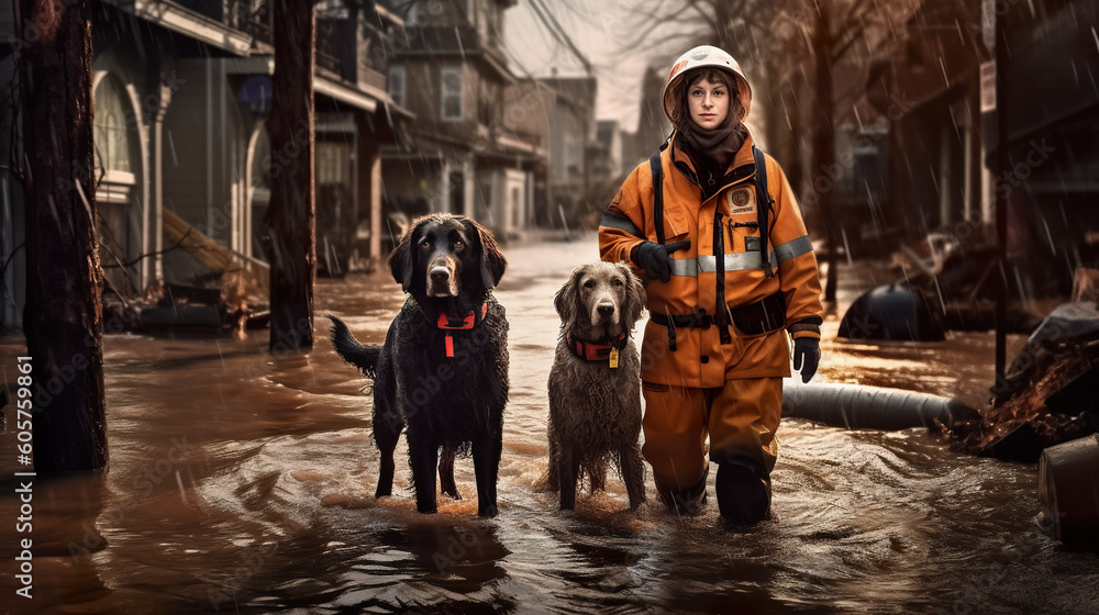 Wall mural Volunteers resque dogs in flooded zone, natural disaster resque efforts, generative AI illustration