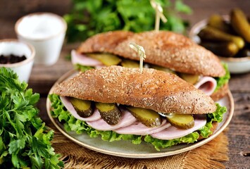 Healthy rye bun sandwiches with ham and pickled cucumbers.