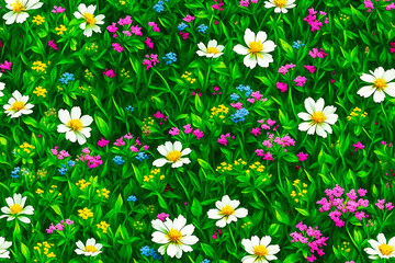A summer meadow with green grass and colorful wild flowers. Colorful natural pattern. Generative AI