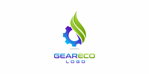 Gear Eco Logo Design Template, with Water or Oil Drop Concept Gear and Leaf. Icon Symbol Vector EPS 10
