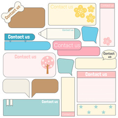 Cute blank paper contact us note. Stationery organizer set. Scrapbook notes and memo schedule.Printable planner stickers. Sticky note pad. Digital planning element. Vector illustration.
