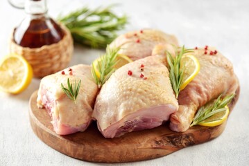 Raw organic chicken drumsticks with rosemary, sea salt and pepper. 