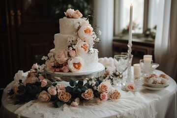 Obraz na płótnie Canvas A wedding cake on a table with flowers and a white tablecloth. Generative AI
