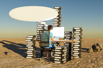 man sitting at pc office workplace in desert environment with huge stacks of document binders and cloud over head; workload stress burnout concept; 3D Illustration
