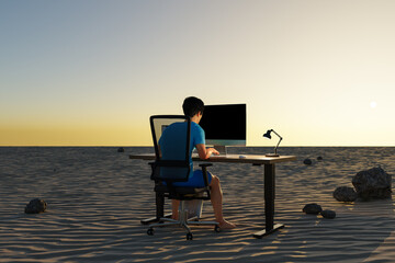 man sitting at pc office workplace in desert environment; workload stress burnout concept; 3D Illustration