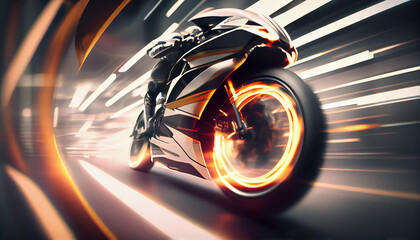 Super fast Moto bike automobile concept design with fire. Luxury speed race Moto Bike automotive concept with flames. High speed modern Moto bike with motion blur background Ai generated image