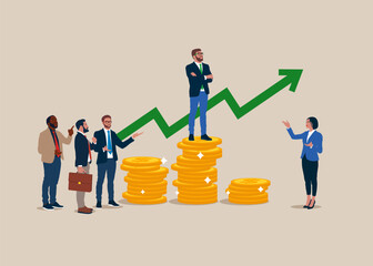 Analyze data, profit and Company growth. Success in business and career. Businessman standing on first podium coin piles. Flat vector illustration.