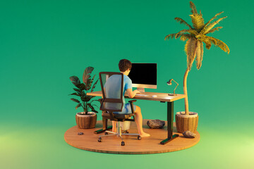 man sitting at pc office workplace in isolated tropical island environment; infinite background; workload stress burnout concept; 3D Illustration
