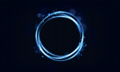 Glowing Halo Ring, Neon circle sign vector. Light and glow round frame isolated on black background. Blue neon glowing glare circle with rays. Shine round frame with light circles light effect.
