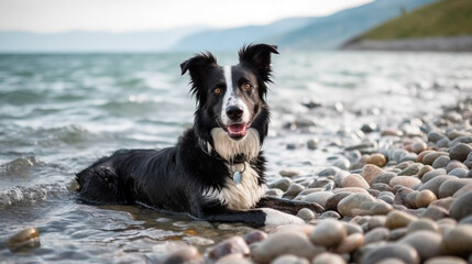 border collie dog spring portrait in green fields