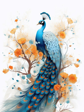 Illustration for greeting cards, Decorative Vintage Peacock bird sitting on a branch, Floral background, flower Illustration,  Exotic jungle Wallpaper. Generative AI
