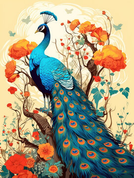 Illustration for greeting cards, Decorative Vintage Peacock bird sitting on a branch, Floral background, flower Illustration,  Exotic jungle Wallpaper. Generative AI