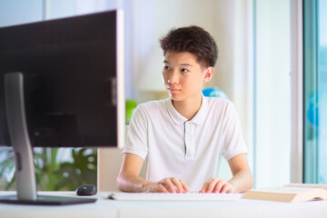 Naklejka premium Child doing homework on computer. Online class.