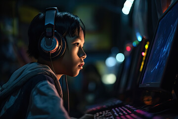 Asian Kid with gaming headphone is playing computer game on computer in a dark room, For Children gaming addictive concept, Generative AI - 605761056