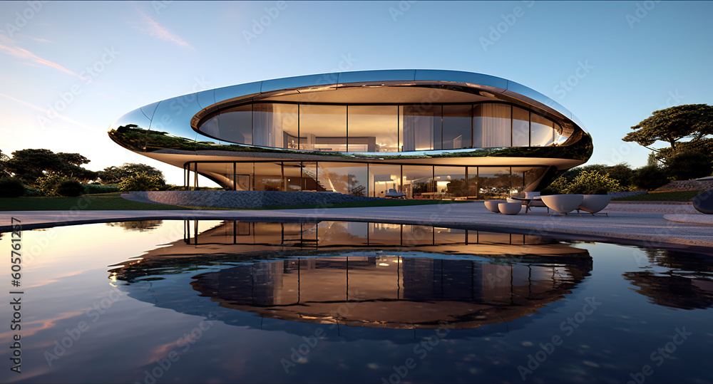Poster a modern house with a pool in front of it. generative ai.