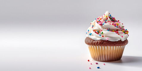 Creative food composition. Chocolate cupcake muffin with cream frosting sprinkles on white background. Template for product presentation display. copy text space banner	
