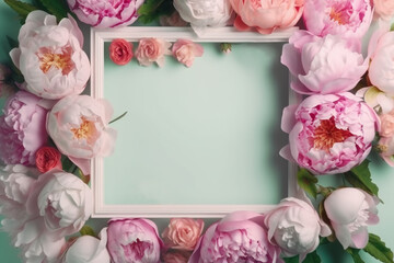 Obraz na płótnie Canvas White picture frame surrounded by peony flowers. Generative AI illustration
