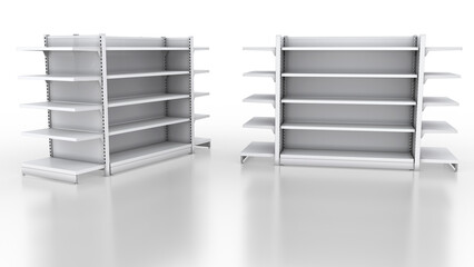 Two showcases with shelves and side sections for a supermarket, empty. 3d illustration