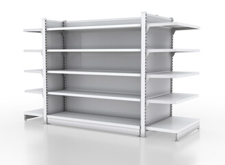 Empty shopping shelves. Metal showcase - rack. 3d illustration