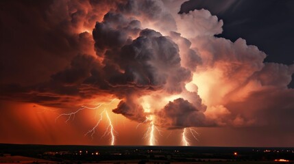 A stormy sky with multiple lightning strikes represents a severe storm. Generative AI