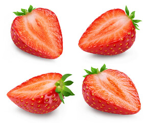 Strawberries isolated set. Collection of sliced strawberries in different angles.