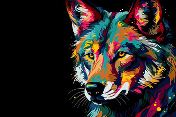 A painting of a colorful wolf on a black background. Generative AI.