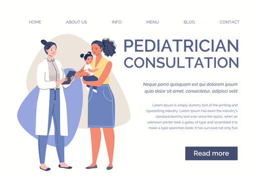 Health care concept of motherhood and childhood. Mother and child at doctor's appointment. Planned visit to pediatrician Vector characters flat cartoon illustration Web template, landing page, website