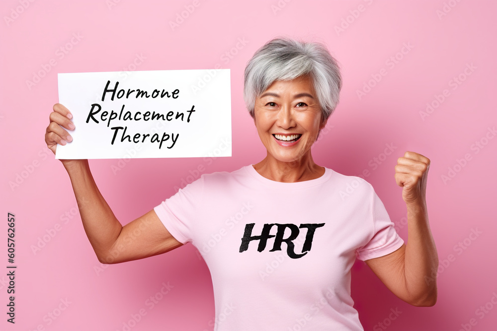 Poster a woman in a pink shirt with logo hrt holding a sign with text hormone replacement therapy. generati