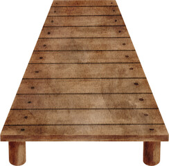 Watercolor wooden pier illustration. Hand drawn dock for fishing and relaxing on lake, river, sea shore isolated on transparent background. Plank bridge clipart painting, landscape element