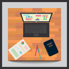 Designer office workspace with tools and devices in modern flat style. Creative process, logo and graphic design, design agency. Top view banner.