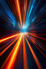 Obraz premium Abstract futuristic background high speed straight orange and blue lines and bokeh glowing neon moving. High speed futuristic travel concept. Fantastic wallpaper, Ai Generative