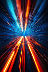 Obraz premium Abstract futuristic background high speed straight orange and blue lines and bokeh glowing neon moving. High speed futuristic travel concept. Fantastic wallpaper, Ai Generative