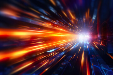 Abstract futuristic background high speed vibrant orange and blue lines and bokeh glowing neon moving. High speed futuristic travel concept. Fantastic wallpaper, Ai Generative