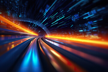 Abstract futuristic background high speed vibrant orange and blue lines and bokeh glowing neon moving. High speed futuristic travel concept. Fantastic wallpaper, Ai Generative