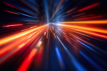 Obraz premium Abstract futuristic background high speed straight orange and blue lines and bokeh glowing neon moving. High speed futuristic travel concept. Fantastic wallpaper, Ai Generative