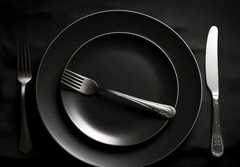 Empty plate with fork and knife on black. Served cutlery, minimal dark table setting. Menu mockup, space for text, diet concept.