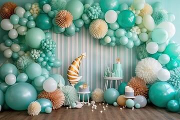 ballon decoration wall party kids in the home ocean theme Photography - obrazy, fototapety, plakaty