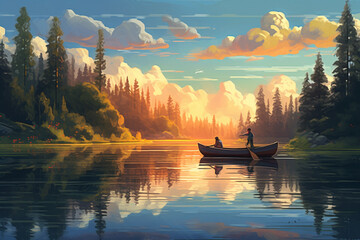 Sunset on the lake with a boat