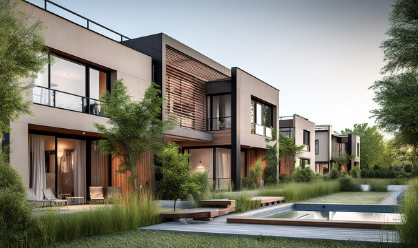 3d rendering of a large modern contemporary house in wood and concrete.