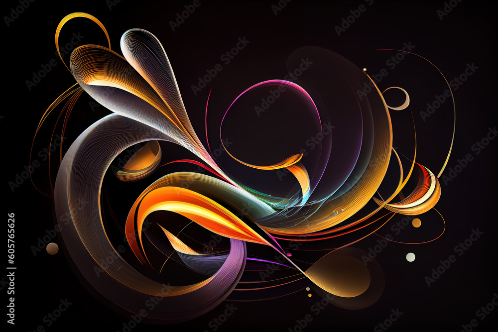 Poster colored abstract round curves and lines on black background. generative ai
