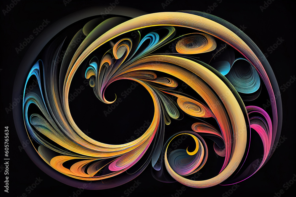 Poster colored abstract round curves and lines on black background. generative ai