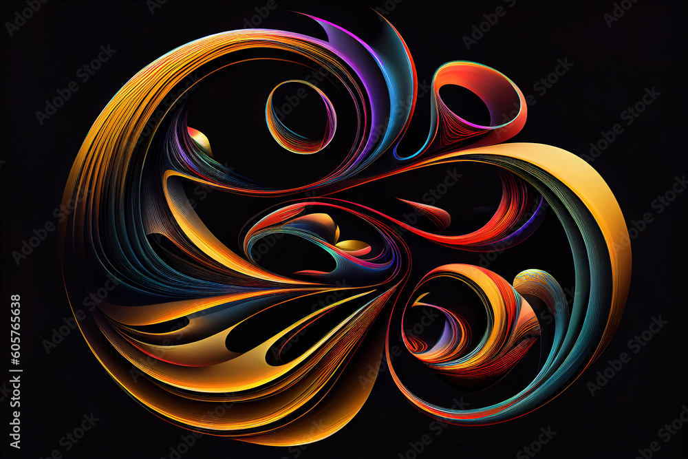 Aufkleber colored abstract round curves and lines on black background. generative ai