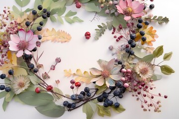 Create a floral watercolor wreath, using a mix of wildflowers, leaves, and berries to create a whimsical and organic composition.