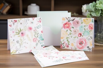 Create a set of watercolor floral patterned stationery that includes notecards, envelopes, and letterheads.