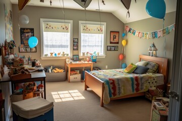 Birthday decoration in cozy children room interior