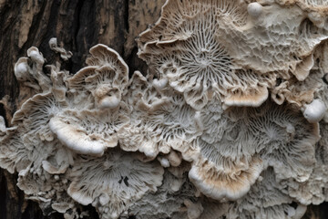 Natural fungus mycelium network texture closeup