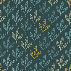 Abstract outlined leaves and branches seamless pattern. Vector foliage silhouettes.