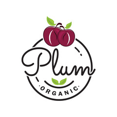 plum fruit logo with leaves, design of plum plantation, fruit shop, plum products, with simple vector editing
