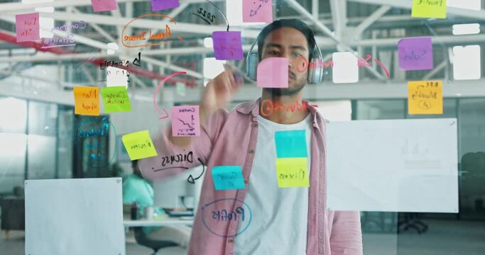 Teamwork, planning and busy people on glass board in startup business, schedule management or writing. Group employees, man in headphones and sticky note ideas, productivity or creative brainstorming