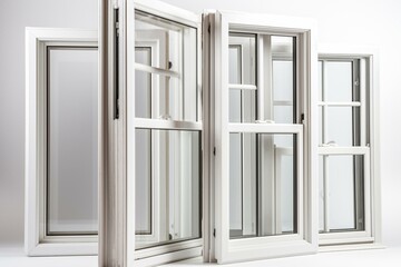 Multiple insulated windows in groupings of two, three, and four isolated on white. Generative AI